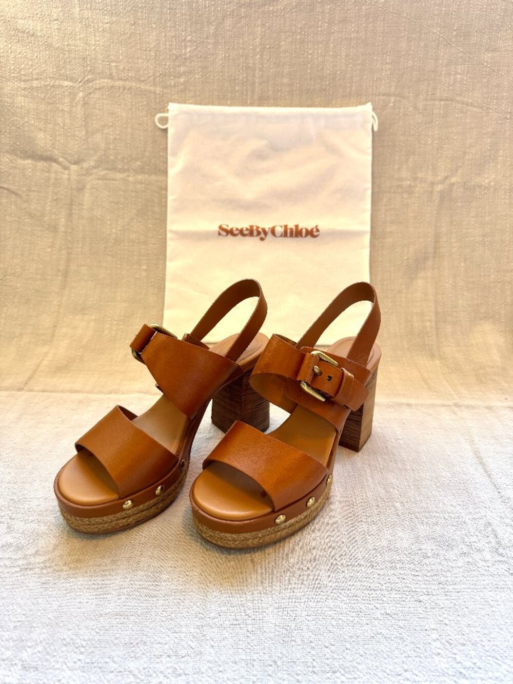 See By Chloe Joline Espadrille Leather Platform Sandals in Light Brown, Size 38